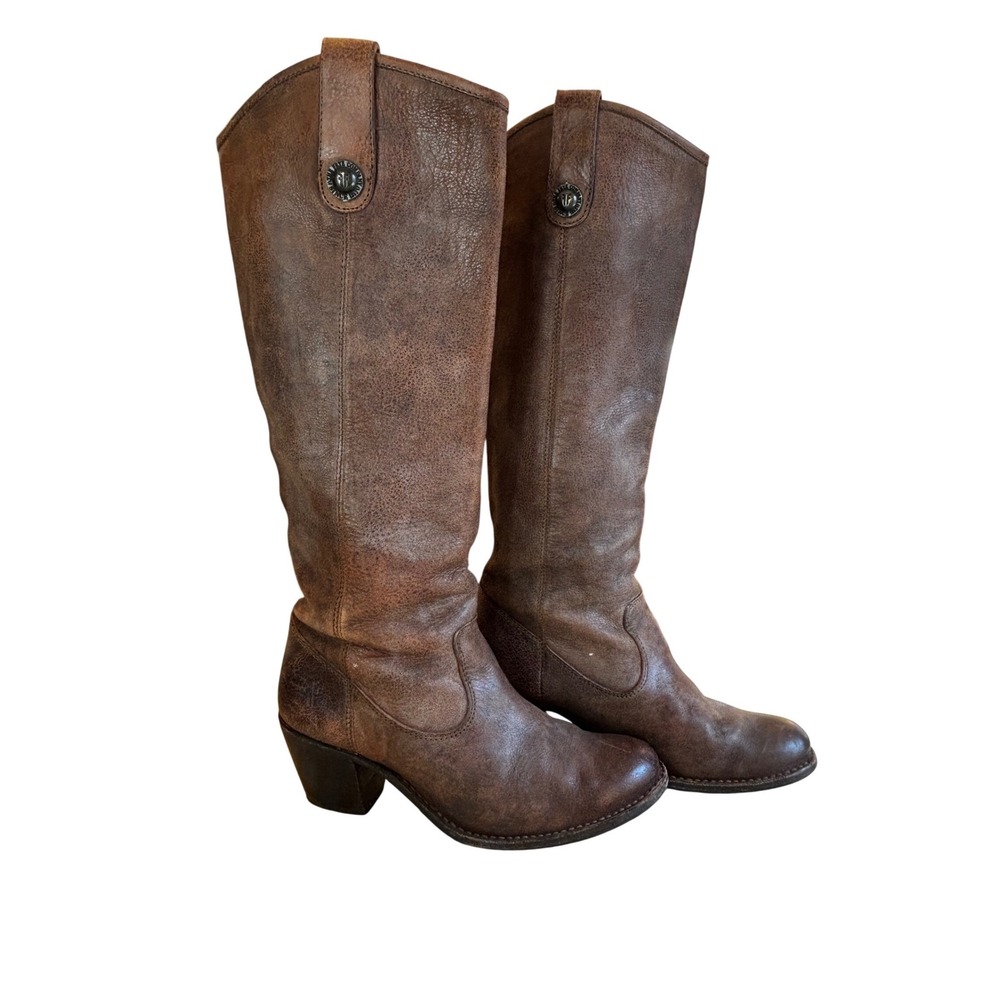 Frye Melissa Button Tall Boots Brown Distressed Leather Block Heel-damaged 6M